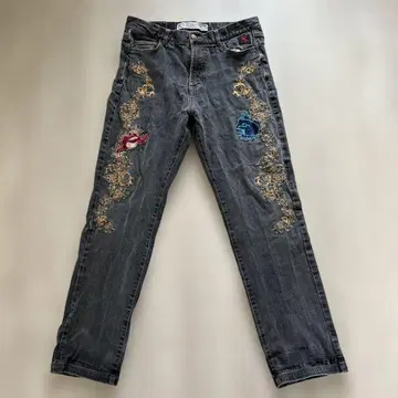 참마루이치 개구리 블랙 데님 청바지 자수