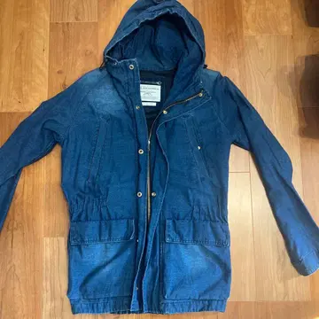 남성용 데님풍 후드 부착 미들 기장 모즈 코트풍 자켓 유즈드 새상품급