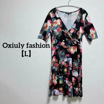 Oxiuly 패션 [ L ] 플라워 프린트 랩 드레스 반팔 무릎 기장