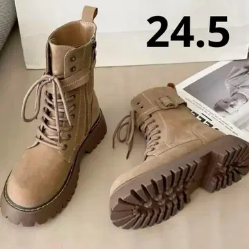 숏부츠 24.5 통굽 사이드 지퍼 페이크 스웨이드 레이스업