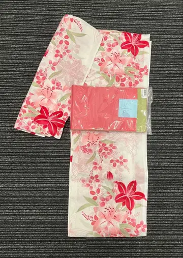 유카타 반폭 오비 세트 화이트 베이스 핑크 백합 패턴 미사용품 불꽃축제