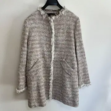 트위드풍 프린지 노카라 코트