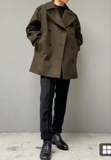 UNIQLO +J 올리브색 더블 브레스트 울 피코트