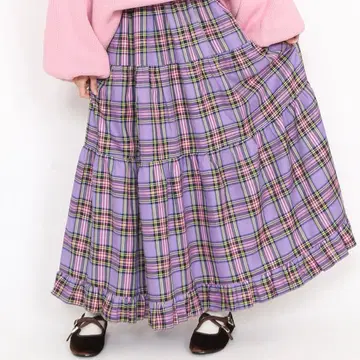 PUNYUS 체크 티어드 롱 스커트 퍼플
