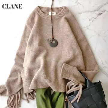 클라네 프린지 슬리브 니트 크루넥 베이지 긴팔 니트 울 혼방