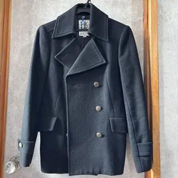 울 90% 더블 브레스트 피 코트 블랙