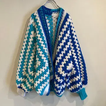 빈티지 핸드 니트 크로 셰 뜨개질 그래니 가디건