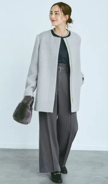 OPAQUE.CLIP 울 캐시미어 블렌드 노카라 코트 그레이