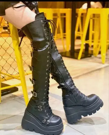 미사용 새상품 통굽 블랙 니하이 고스로리 갸루 락