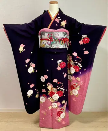 후리소데 보라색 계열 짙은 보라색 공 벚꽃 끈 금채색 순수 실크