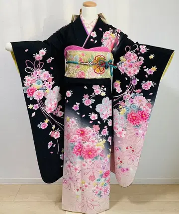 후리소데 블랙 계열 은사 직조 자수 벚꽃 국화 꽃볼 끈 순수 실크