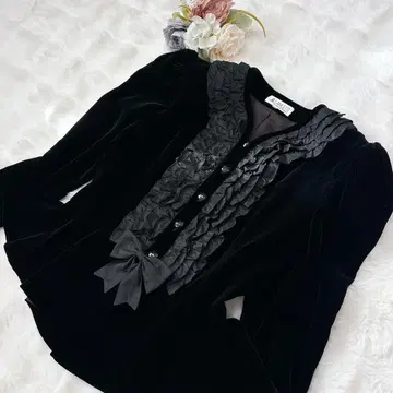 빅 사이즈 벨벳 페플럼 노카라 자켓 프릴 리본 2L 블랙