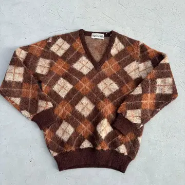 아가일 니트 브라운 모헤어 울 vintage v넥 니트