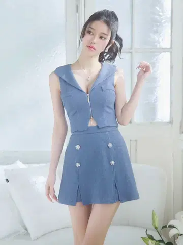 쥬얼스 S 드레스 블루 와플 자켓 셋업 집업