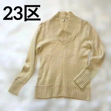 23구 울 100% V넥 스웨터 크림색 빅 사이즈 LL