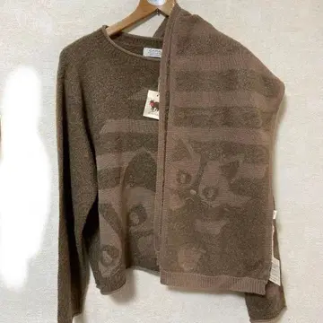 비행선 CARA 고양이 무늬 브라운 긴팔 니트 머플러 세트