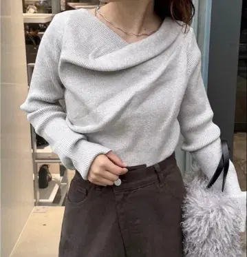 mystic 오프숄더 리브 니트 그레이