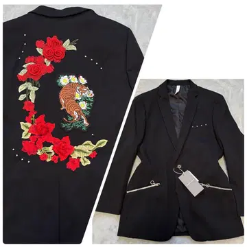 택 포함 ZARA 장미 자수 호랑이 스터드 테일러드 자켓 48 블랙 레어