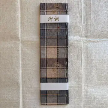 파랑과 베이지 체크 무늬 반폭 오비 순수 실크