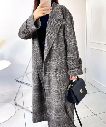 시착 정도 클래식 엘프 레트로 체크 무늬 롱 기장 더블 코트