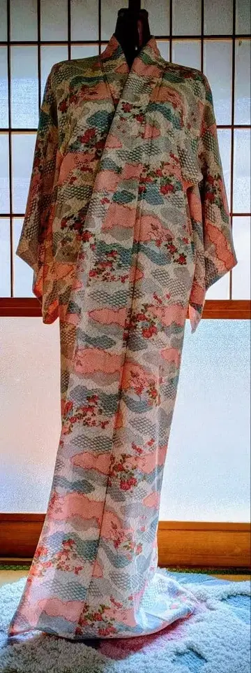 코몬 기모노 핑크 파랑 꽃무늬 시보리풍