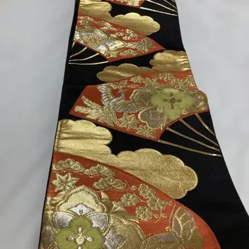 순수 실크 후쿠로 오비 블랙 베이스에 부채 봉황 나비