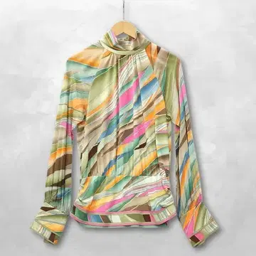 레오나르 실크 시스루 소매 하이넥 브라우징 블라우스 스트레치 셔츠