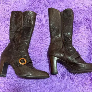 히미코 웨스턴 부츠 롱 부츠 가죽 꽃 자수풍 부츠 브라운 계열