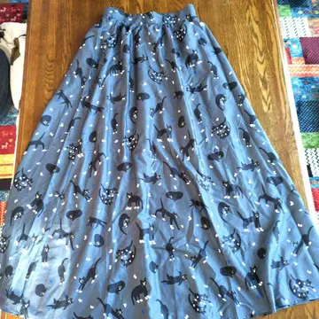 고양이 프린트 그레이 플레어 스커트