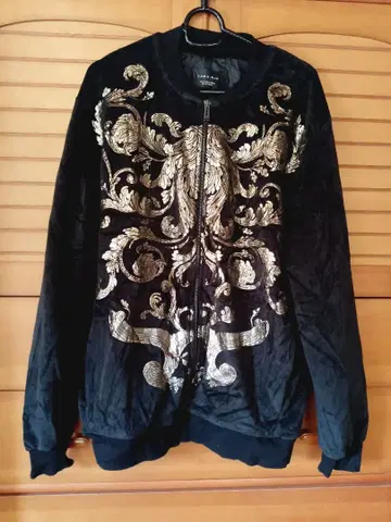 ZARA MAN 블랙 벨로아 블루종 골드 프린트 XL 사이즈