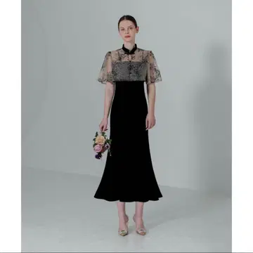 LEJA 파이핑 꽃무늬 자수 볼레로 머메이드 원피스 드레스 블랙