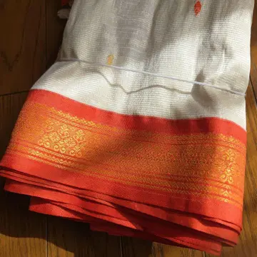 인도 사리 화이트 오렌지 (새상품, 미사용)