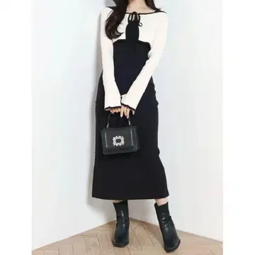 MERCURYDUO 3WAY 배색 스트랩 백 크로스 롱 슬리브 원피스