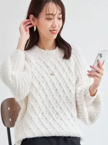 바이어스 바스켓 몰 풀오버 케이블 짜임 벌룬 소매 니트