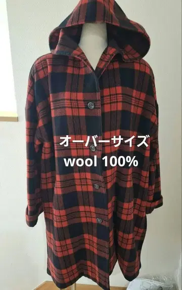 울 100% 오버 사이즈 후드 부착 빨검 체크 자켓