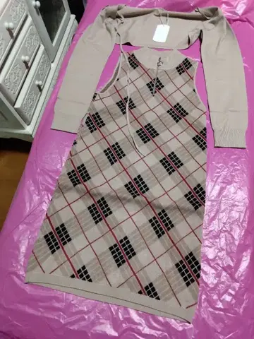 Chico 볼레로 포함 체크 무늬 베이지 원피스