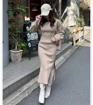 [ ROYAL PARTY ] 카라 배색 레이어드 타이트 원피스 베이지