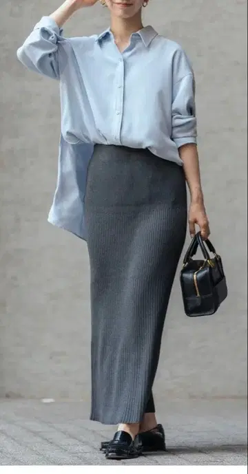 noble 리브 니트 타이트 스커트 그레이