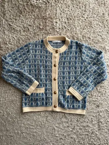 파랑과 베이지 니트 가디건 구제 의류