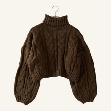 로얄 파티 니트 브라운 케이블 터틀넥 짧은 기장