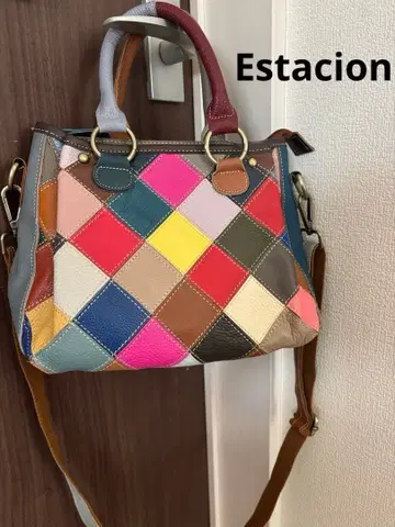 에스타시온 멀티 컬러 다이아몬드 패턴 가죽 숄더백 핸드백