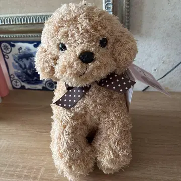 강아지 봉제 인형 베이지 리본 포함