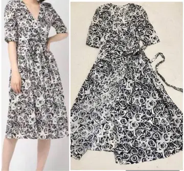 아네스베 로즈 프린트 원피스 화이트 블랙 카슈쿨 사이즈 36