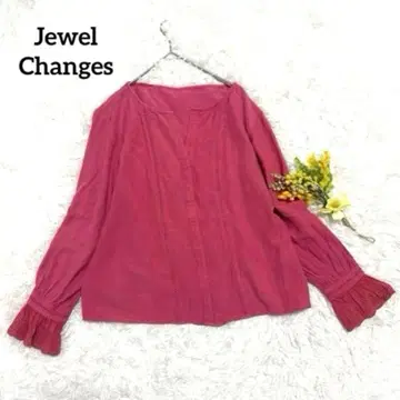 주얼 체인지즈 긴팔 블라우스 자수 소매 프릴 린넨 혼방 핑크 화려한 셔츠