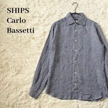 SHIPS 카를로 바세티 고급 린넨 셔츠 긴팔 M 깅엄 체크 네이비