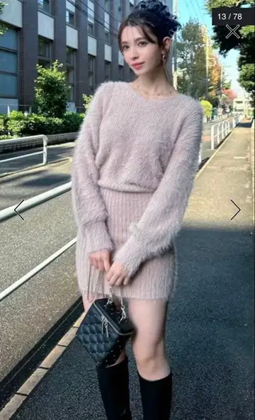 [ RESEXXY ] V넥 2WAY 샤기 니트탑 미니 원피스 F