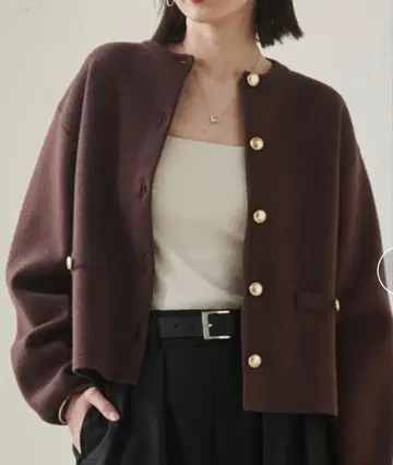 RANAN 골드톤 버튼 니트 가디건 브라운