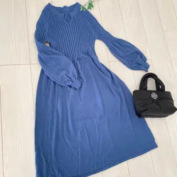 VIS  니트 롱 원피스 블루 스커트