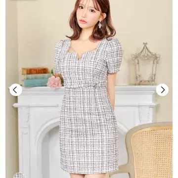 체크 트위드 V 라인 비쥬 반팔 타이트 미니 드레스