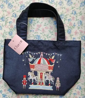 자수 토트백 네이비